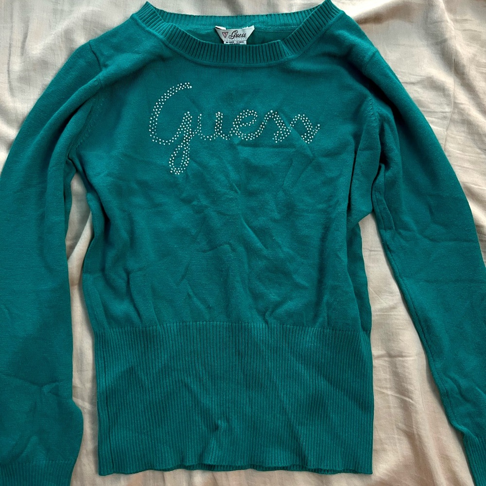 Vintage Guess Women's Teal Rhinestone Logo Sweater